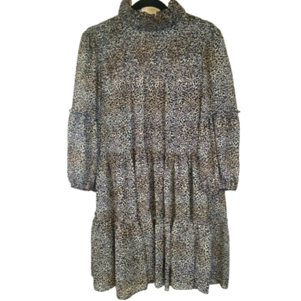 Leopard Print Babydoll Tiered Puff Sleeve Dress Smocked Neck Size 8 Animal Print